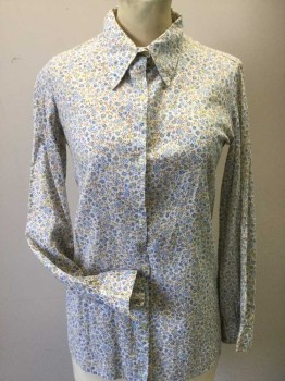 MTO, Off White, Lt Blue, Yellow, Tan Brown, Polyester, Cotton, Floral, Made To Order, Long Sleeves, Tiny Floral Print, Self Woven Stripes, Button Front, Collar Attached,