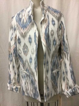 Womens, Blazer, CHICOS, Cream, Blue, Gray, Lt Pink, Rayon, Polyester, Ikat, 6, Stand Collar, 2 Pockets, No Closures, Cuffed Sleeves