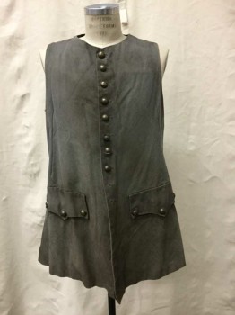 Mens, Historical Fiction Vest, Gray, Black, Cotton, 42, 10 Brass Button Front, Button Down Flap Pockets, Crew Neck, Center Back And Side Seam Slits, Double, Made To Order