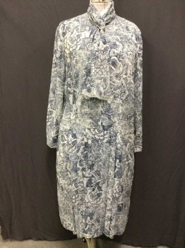 NO LABEL, Off White, Navy Blue, Polyester, Novelty Pattern, Long Sleeves, Pleats At Waist, White Lace Neck Tie Trim, Button Front