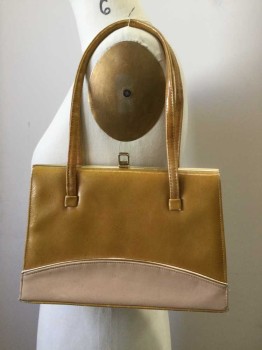 N/L, Caramel Brown, Beige, Gold, Leather, Solid, Color Blocking, 2 Short Handles, Top Clasp in Square Shape, Gold Piped Flesh Arc