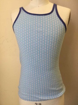 Mens, Tank, BAUMWOLLE, White, Blue, Black, Purple, Cotton, Novelty Pattern, M, White Background with Black Squares and Blue Extended Line Squares, Purple Ribbed Knit Scoop Neck/Armholes