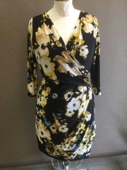 Womens, Dress, Long & 3/4 Sleeve, RALPH LAUREN, Black, Yellow, Cream, Beige, Periwinkle Blue, Polyester, Spandex, Floral, B43, 16, W36, Black with Oversized Multicolor Flower Pattern, Wrapped V-neck, Long Sleeves, Gathered at Hip with Wrapped Detail at Front, Hem Below Knee