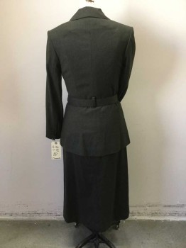 Womens, 1930s Vintage, Suit, Jacket, T SUMMERVILLE, Olive Green, Wool, Solid, 28, 36, Single Breasted, 3 Buttons,  Notched Lapel, 2 Flap Pocket, Belt Loops, Matching Belt, Traditional Fascist Military Matron
