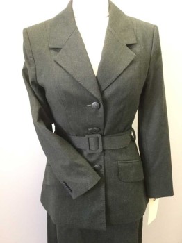 Womens, 1930s Vintage, Suit, Jacket, T SUMMERVILLE, Olive Green, Wool, Solid, 28, 36, Single Breasted, 3 Buttons,  Notched Lapel, 2 Flap Pocket, Belt Loops, Matching Belt, Traditional Fascist Military Matron