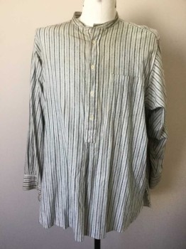 DARCY, Off White, Black, Cotton, Stripes - Pin, Stripes - Vertical , Off White with Black Thick and Thin Vertical Stripes, Flannel, Long Sleeve, 4 Button Front, Band Collar, 1 Pocket, Button Cuffs, Very Aged/Dirty (Especially Around/Near Collar), Reproduction Turn of the Century