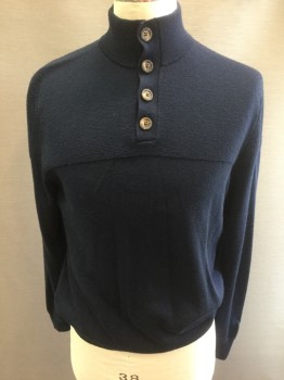 Mens, Pullover Sweater, HARRISSON DAVIS, Navy Blue, Wool, Solid, L, Long Sleeves, Henley Collar with 4 Buttons, Ribbed Sleeve Cap and Waistband