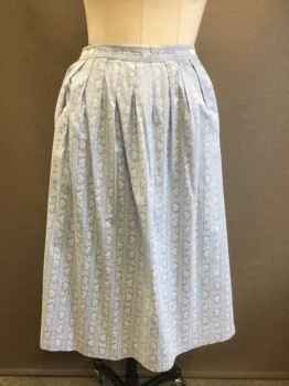 Womens, Skirt, CHARTER CLUB PETITES, Lt Blue, White, Cotton, Floral, Stripes - Vertical , 12, 1.25" Wide Self Waistband, Pleated at Waistband, Adjustable Button Closures at Sides of Waistband, Hem Mid-calf,
