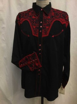 SCULLY, Black, Red, Rayon, Polyester, Solid, Floral, Black, Red Yolk with Black Floral Embroidery, Black/red Stripe Piping Trim, Snap Front, Collar Attached, Long Sleeves,