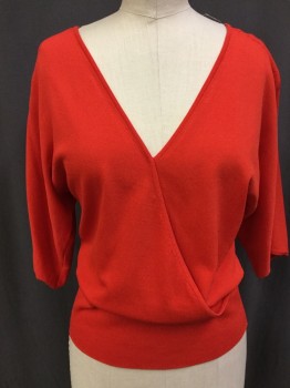BAR III, Red, Rayon, Nylon, Solid, V-neck, Pull Over, Short Sleeves, Keyhole Like Back,