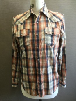 LEVI'S, Lt Brown, Navy Blue, Cream, Cotton, Polyester, Plaid, Gray Iridescent Snap Front, L/S, 2 Snap Flap Pockets, C.A.,