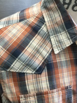 LEVI'S, Lt Brown, Navy Blue, Cream, Cotton, Polyester, Plaid, Gray Iridescent Snap Front, L/S, 2 Snap Flap Pockets, C.A.,