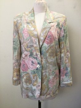 Womens, Blazer, TONI GARMENT, Mint Green, Pink, Gold, Taupe, Cotton, Abstract , Floral, B 42, Pastels, Single Breasted, C.A., 2 Bttns, 2 Pckts, Shoulder Pads