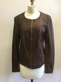 DAYTRIP, Brown, Faux Leather, Solid, Zip Front, No Collar, L/S,  Zip Sleeve Cuffs, 2 Zip Pockets, Quilted Shoulder Panels/Waistband