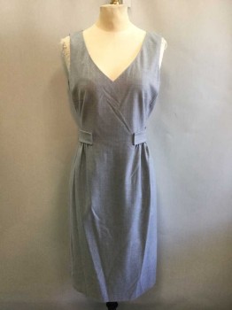 Womens, Dress, Sleeveless, PIAZZA SEMPIONE, Gray, Wool, Spandex, Solid, W:28, B:36, Sleeveless, V-neck, Attached 1.5" Wide Belt with Gray Horizontal Topstitched Detail, Gathered at Sides of Waist, Invisible Zipper at Center Back, Sheath, Knee Length