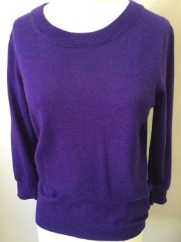 Womens, Pullover, J CREW, Violet Purple, Wool, Solid, XS, 3/4 Sleeves, Round Neck,