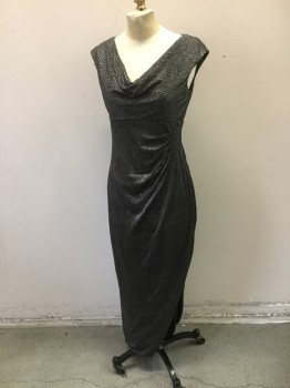 LAUREN, Pewter Gray, Polyester, Synthetic, Heathered, Sparkely Textured Wavey Knit. Draped Cawl Neck Front, Sleeveless, Pleated Drape Detail at Front Left Hip                                                                  Bbbbbbbbbbbnn