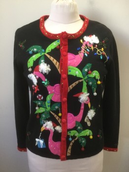 BEREK, Black, Multi-color, Ramie, Cotton, Novelty Pattern, Flamingo/Palm Tree Christmas on Black, Felt/Beaded, Red Trim, Button Front, Long Sleeves