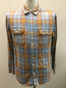 LUCKY BRAND, Orange, Powder Blue, White, Rust Orange, Cotton, Plaid, Flannel, Long Sleeve Button Front, Collar Attached, 2 Patch Pockets with Button Closures **Triples**