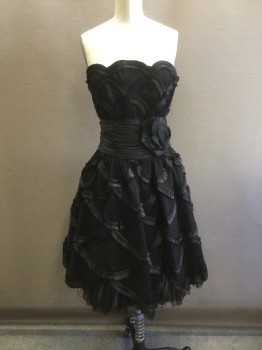 N/L, Black, Polyester, Solid, Black Tulle Net Over Opaque Black Satin, Black Satin Pleated Scallopped Appliques Throughout, Strapless with Scallopped Edge at Bust, Pleated Satin 4" Wide Waistband with 3D Rosette at Side Front, Full Skirt Gathered at Waist, Knee Length