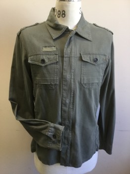 Mens, Casual Jacket, GUESS, Sage Green, Cotton, Solid, M, Collar Attached, Hidden Zipper & Snap Front Closure, Epaulets, 2 Patch Pockets with Flaps