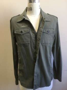 Mens, Casual Jacket, GUESS, Sage Green, Cotton, Solid, M, Collar Attached, Hidden Zipper & Snap Front Closure, Epaulets, 2 Patch Pockets with Flaps