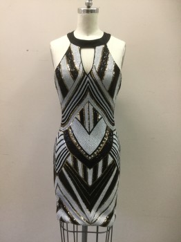 WINDSOR, White, Black, Gold, Polyester, Sequins, Geometric, Art Deco, Halter, Cotton Collar with Button Back, Keyhole Center Front and Center Back, Hem Above Knee