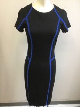 Womens, Dress, Short Sleeve, FELICITY & COCO, Black, Blue, Viscose, Polyester, Color Blocking, XS, Round Neck,  Center Back Zipper From Hem to Neck, Knit,