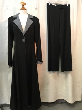 NO LABEL, Black, Gray, Wool, Synthetic, Solid, Black, 1 Large Button Gray Collar Attached, & Notched Lapel, 2 Pockets, Floor Length