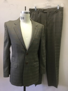 PAUL SMITH, Beige, Brown, Rust Orange, Wool, 2 Color Weave, Plaid-  Windowpane, Brown and Beige Specked Weave, Rust Windowpane Stripes, Single Breasted, Notched Lapel, 2 Buttons, 3 Pockets, Slim Fit, Solid Purple Lining
