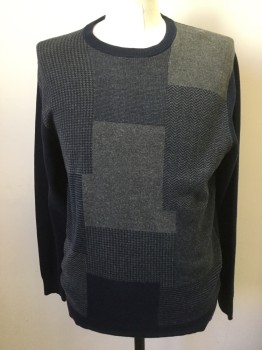 Womens, Pullover, CLAIBORNE, Navy Blue, Gray, Cotton, Acrylic, Patchwork, M, Front (Houndstooth/Jagged Lines/Stripes/Solid, Solid Navy Collar/Waistband/Sleeves/Back, Ribbed Knit Crew Neck/Waistband/Cuff
