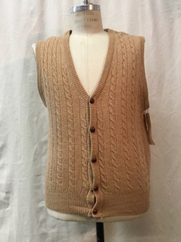BULLOCKS, Camel Brown, Wool, Cable Knit, Button Front,
