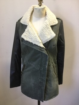 Womens, Casual Jacket, N/L, Dk Olive Grn, Black, Cream, Polyester, Solid, M, Olive with Black Leather Long Sleeves, Off Center Zip Front, 2 Zip Pockets, Collar Attached, Cream Fleece Lining, Epaulets, Tab Seam at Waist, Back Top Sunburst Seams