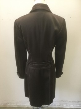 Womens, 1990s Vintage, Suit, Jacket, BCBG, Dk Brown, Lt Brown, Polyester, Solid, B:32, Coat, Satin with Light Brown Top Stitching, Double Breasted, Wide Notched Lapel, Accent Stitching at Waist, Cuffs and Bust Darts, Caramel Brown Lining, Knee Length,