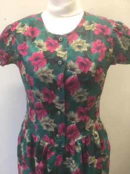 GIM SEUNG CHA, Teal Green, Magenta Pink, Black, Taupe, Polyester, Floral, Cap-Sleeve, Round Neck, Shirt Waist with Black and Gold Buttons at Front, Gathered at Waist, Knee Length, 2 Side Pockets,