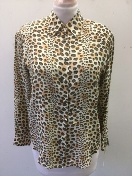 ALLISON TAYLOR, Cream, Beige, Dk Brown, Black, Silk, Animal Print, Leopard Spots, Long Sleeves, Button Front, Collar Attached