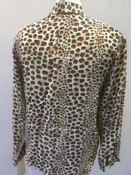 Womens, Shirt, ALLISON TAYLOR, Cream, Beige, Dk Brown, Black, Silk, Animal Print, M, Leopard Spots, Long Sleeves, Button Front, Collar Attached