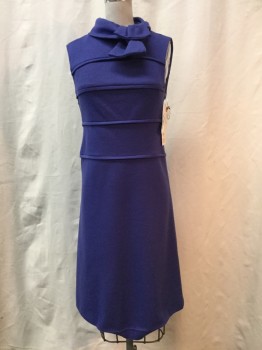 TORY BURCH, Purple, Wool, Silk, Solid, Purple, Horizontal Pleats, Folded Collar with Attached Bow Tie, Sleeveless, Zip Back