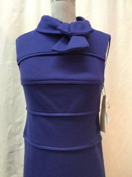 TORY BURCH, Purple, Wool, Silk, Solid, Purple, Horizontal Pleats, Folded Collar with Attached Bow Tie, Sleeveless, Zip Back