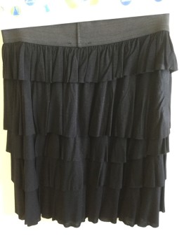 Womens, Skirt, Below Knee, AQUA, Black, Viscose, Solid, L, 2" Elastic Band, 5 Tiers Skirt