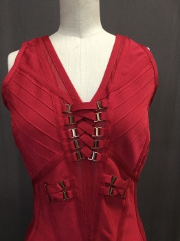 WOW COUTURE, Red, Gold, Polyester, Spandex, Solid, V-neck, Sleeveless, Ribbed Detail , Ribbon Applique, Ribbon Faux Lacing with Gold Brachets, Plunging Back V, Zip Back,