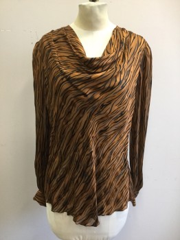 Womens, Blouse, ADRIANNA PAPELL, Copper Metallic, Black, Silk, Animal Print, Stripes - Diagonal , B 36, 6, Sheer Shadow Tiger Stripes Overlay, Cowl,  Neck, Button Back, Gathered Inset Sleeve, Cuffs