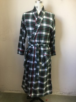 Mens, Bathrobe, CHARTER CLUB, Dk Green, White, Red, Black, Cotton, Plaid, S, Long Sleeves, Shawl Collar, 2 Pockets, Red Rope Trim, Belt Loops, with Belt