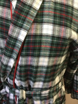 Mens, Bathrobe, CHARTER CLUB, Dk Green, White, Red, Black, Cotton, Plaid, S, Long Sleeves, Shawl Collar, 2 Pockets, Red Rope Trim, Belt Loops, with Belt