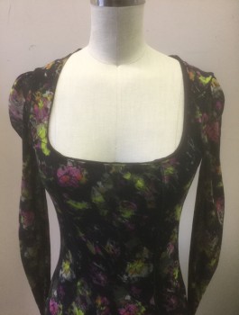 JEAN PAUL GAULTIER, Black, Chartreuse Green, Magenta Pink, Gray, Nylon, Polyamide, Abstract , Floral, Stretchy Sheer Mesh Over Black Opaque Stretch Under-layer, Sheer Long Sleeves, Square Neck, Form Fitting, Hem Above Knee,
