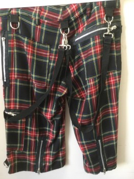 Mens, Shorts, LIP SERVICE , Green, Black, Red, Royal Blue, Yellow, Wool, Plaid, 32, Zip Fly, Zip Pockets, Attached Suspenders