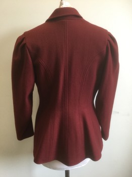 N/L MTO, Maroon Red, Wool, Solid, Thick Wool, Single Breasted, Large Curved Peaked Lapel, 4 Buttons, Puffy Sleeves Gathered at Shoulders, Dark Navy Satin Lining, Made To Order Reproduction