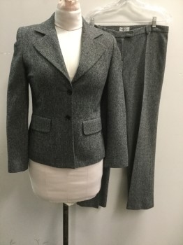 TERRANOVA, Black, White, Wool, Polyester, Tweed, 2 Buttons,  Collar Attached, Notched Lapel, 2 Flap Pockets,