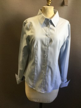 Womens, Blouse, CALVIN KLEIN, Lt Blue, Cotton, Solid, 6, Button Front, Collar Attached, Long Sleeves, Extended Roll Back Cuff