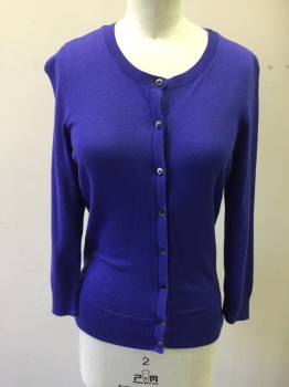 HALOGEN, Purple, Viscose, Nylon, Solid, 3/4 Sleeve, Button Front, Buttons Reinforced By Silk Ribbon, Ribbed Knit Collar/Waistband/Placket/Cuffs